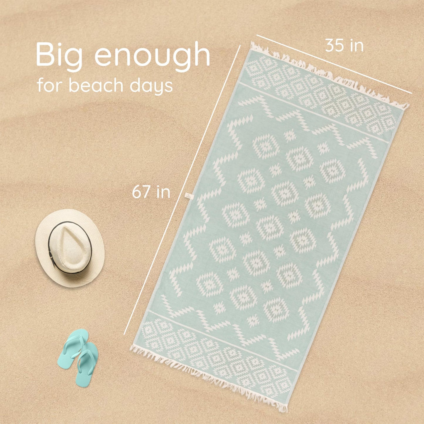 Turkish Beach Towel (35”x67”) – 100% Cotton, Quick Dry, Lightweight, Oversized Beach Towel for Pool & Travel - Pastel Teal Color