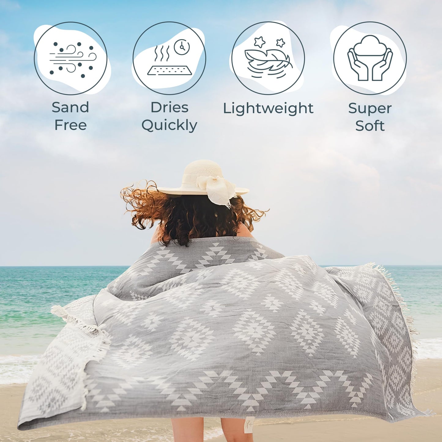 Premium Turkish Beach Towel – 35"x67" Lightweight Quick Dry Towel – 100% Cotton Sand-Free Turkish Towels – Vintage Dark Grey