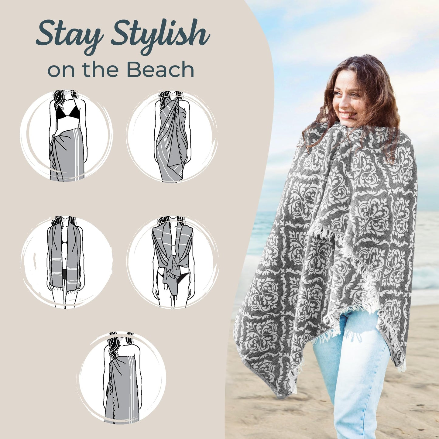 Premium Turkish Beach Towel – 35"x67" – 100% Cotton – Quick Dry Towel & Sand Free – Renaissance Black – Ideal for Travel & Pool