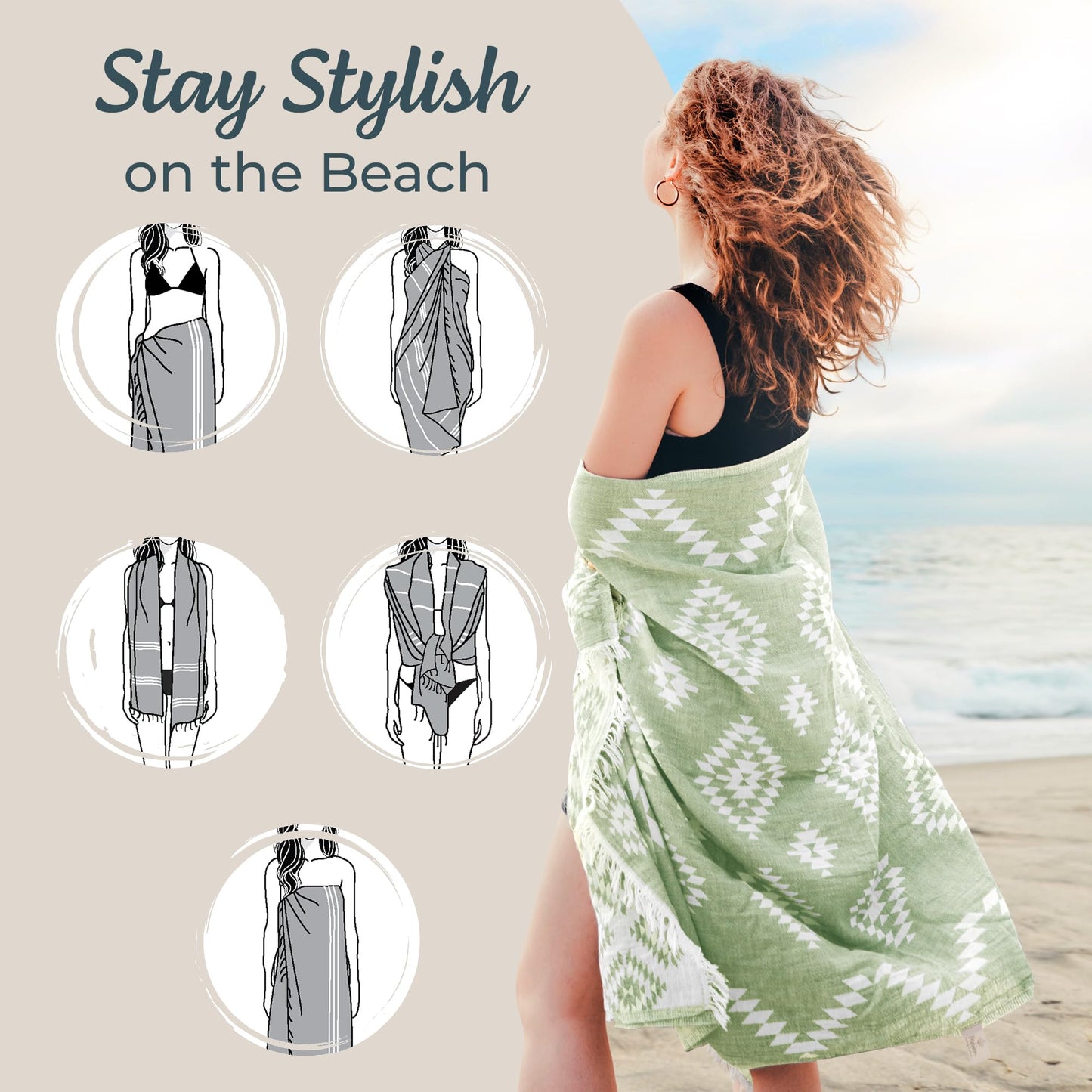 Turkish Beach Towel (35”x67”) Lightweight, Quick Dry, for Travel – 100% Cotton Oversized Beach Towels for Pool & Outdoors – Vintage Green Color