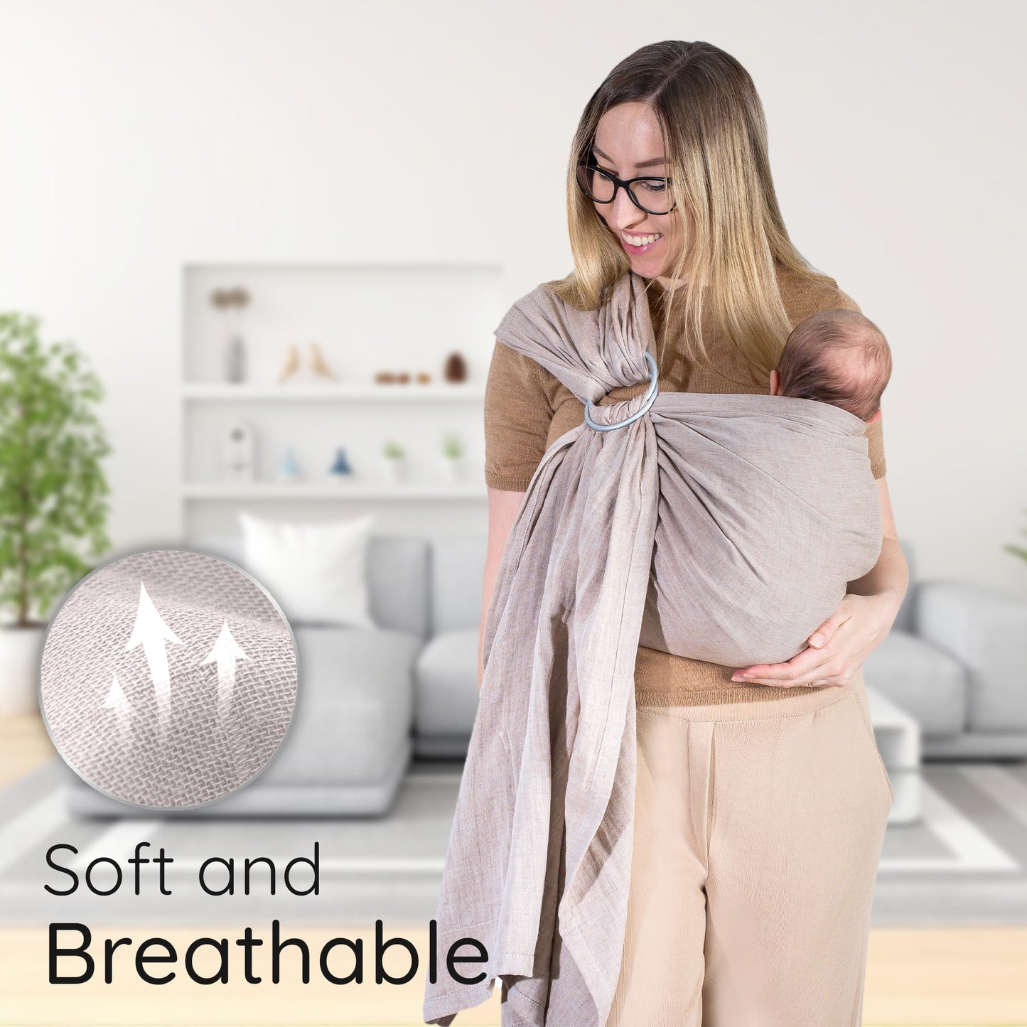 Ring Sling Baby Carrier - USA Lab Tested, 100% Natural Cotton Muslin, Breathable & Ergonomic Ring Sling Sand