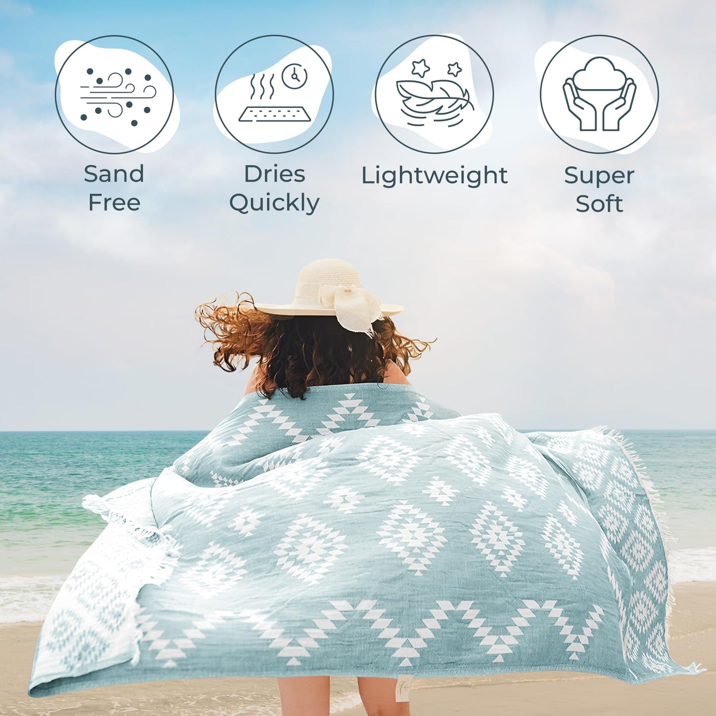 Turkish Beach Towel (35”x67”) – 100% Cotton, Quick Dry, Lightweight, Oversized Beach Towel for Pool & Travel - Pastel Teal Color