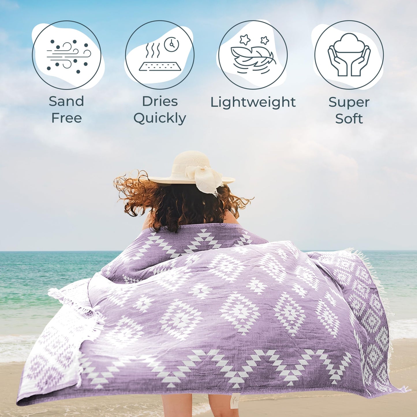 Turkish Beach Towel (35”x67”) – 100% Cotton, Quick Dry, Lightweight, Soft Oversized Beach Towel for Travel & Pool – Vintage Lilac Color