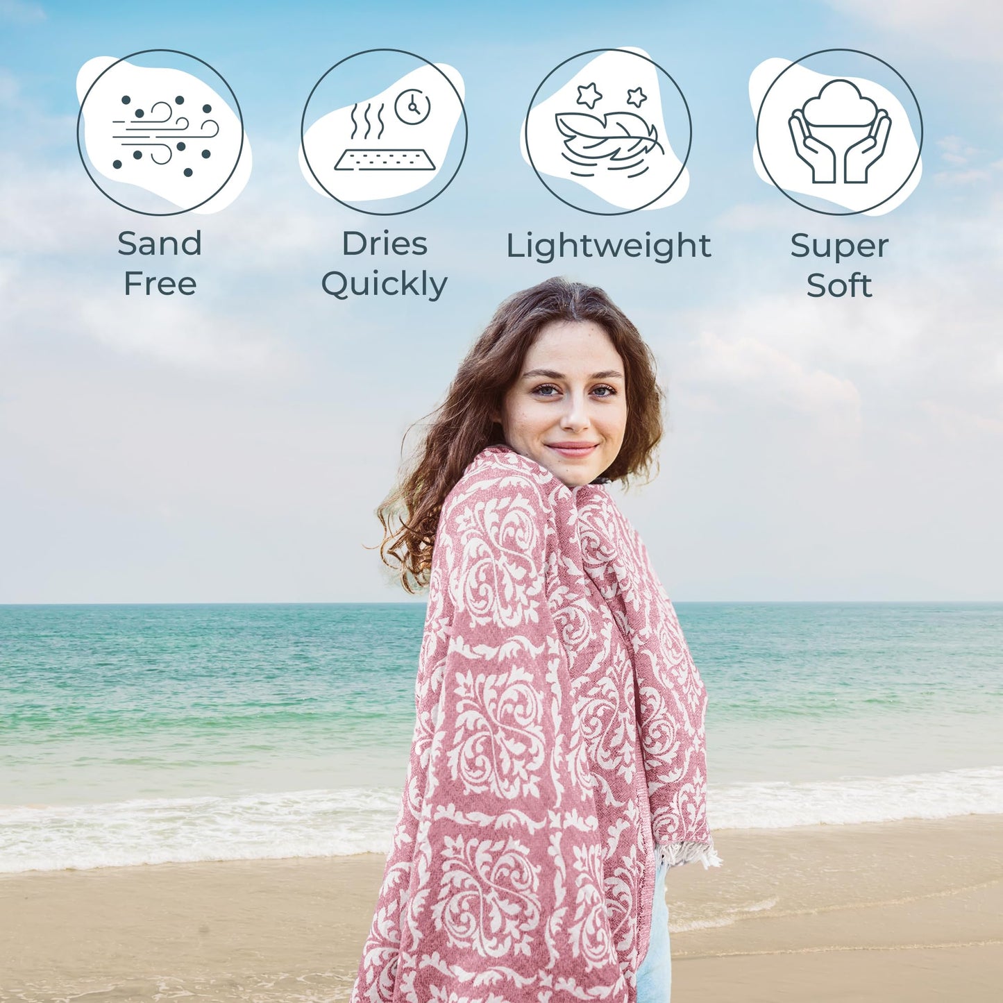 Turkish Beach Towel (35”x67”) – 100% Cotton, Quick Dry, Lightweight, Soft Oversized Beach Towel for Travel & Pool – Renaissance Fuchsia Color