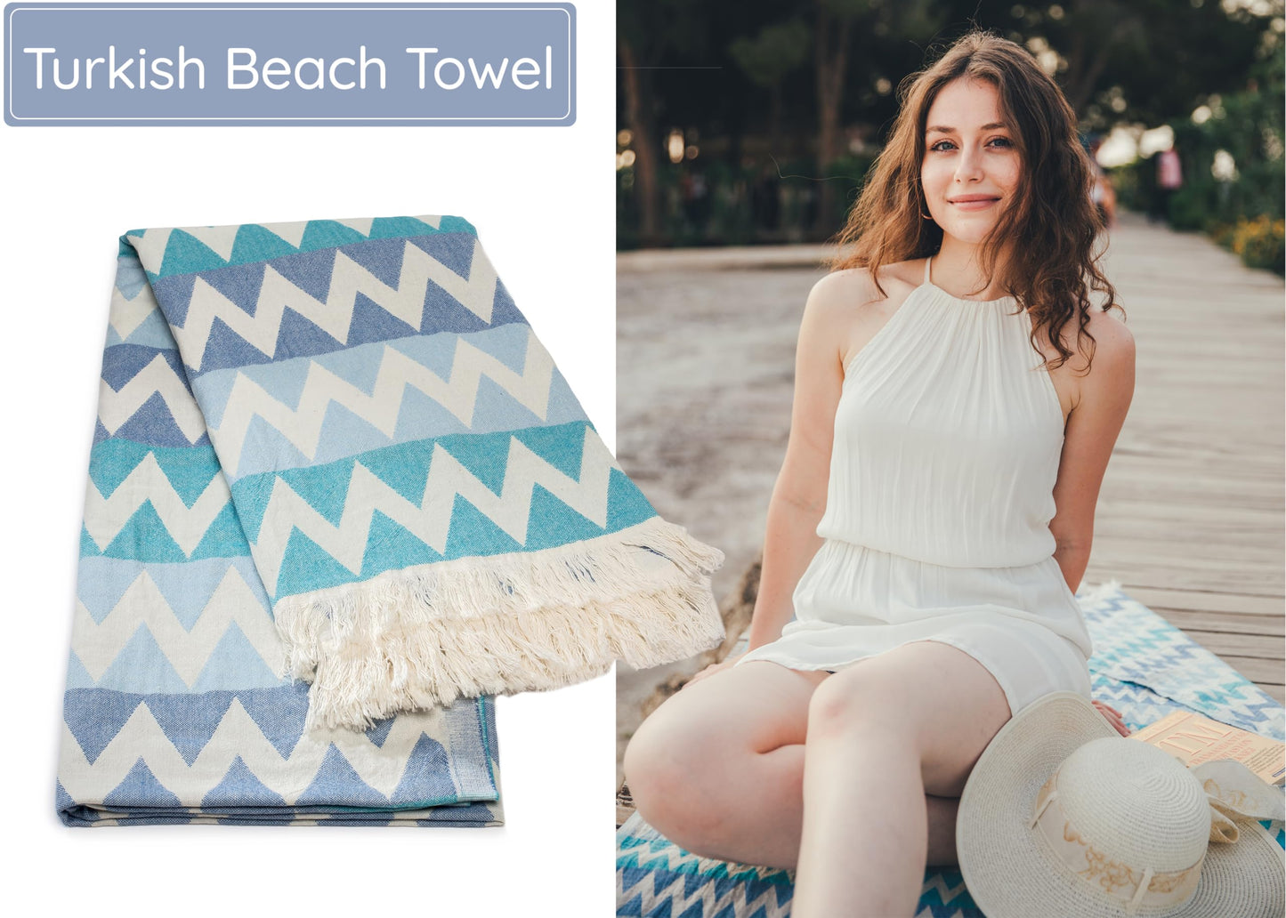 Premium Turkish Beach Towel – 100% Cotton, Quick Dry, Sand Free, Oversized Beach Towel 35”x 67” – Ideal for Travel, Pool, and Beach,  – Zig Zag Blue
