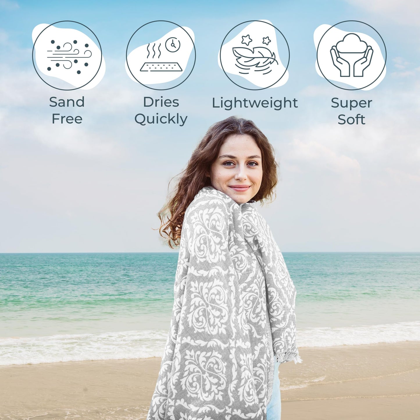 Premium Turkish Beach Towel (35”x 67”) – Lightweight, Quick Dry Beach Towel, Sand-Free, 100% Cotton – Ren Grey Color