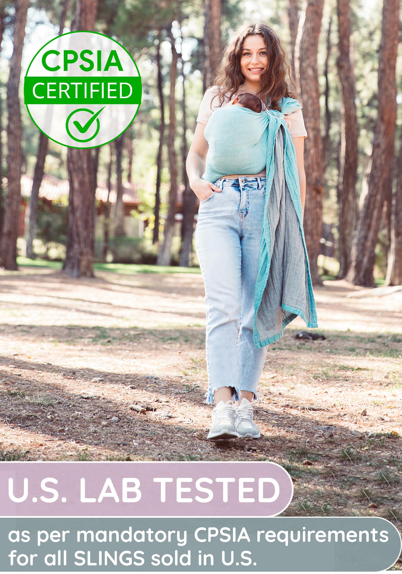 Ring Sling Baby Carrier - USA Lab Tested, 100% Natural Cotton Muslin, Breathable & Ergonomic Ring Sling Grey Turquoise