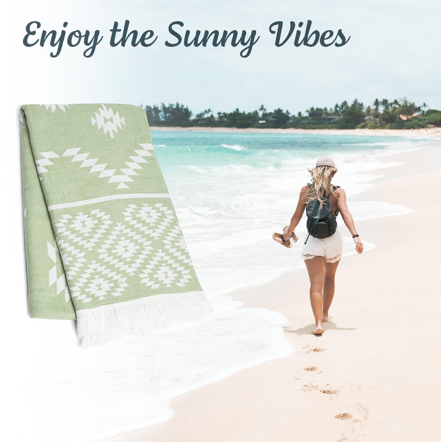 Turkish Beach Towel (35”x67”) Lightweight, Quick Dry, for Travel – 100% Cotton Oversized Beach Towels for Pool & Outdoors – Vintage Green Color