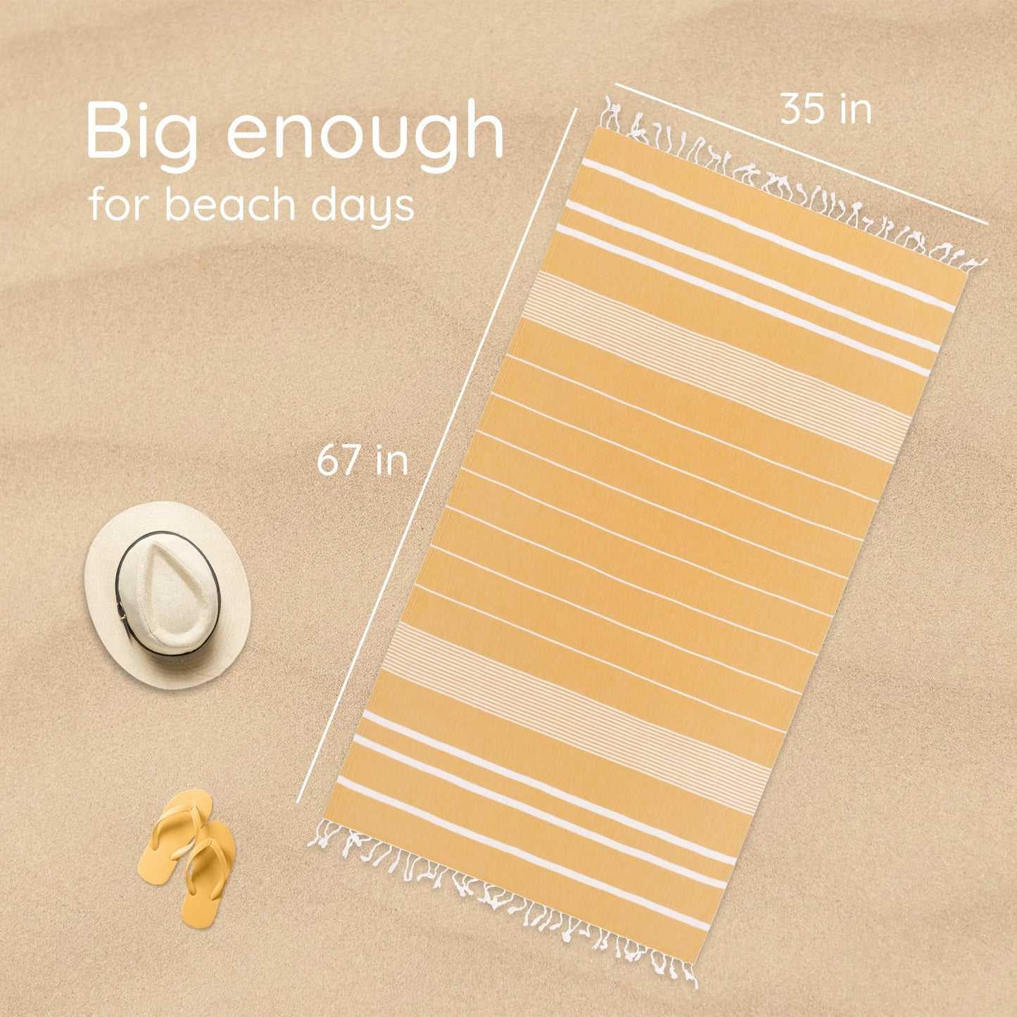 Premium Turkish Beach Towel – 100% Cotton, Quick Dry, Sand Free, Oversized Beach Towels 35”x67” – Ideal for Travel, Pool, and Beach Blanket – Honey Yellow Color