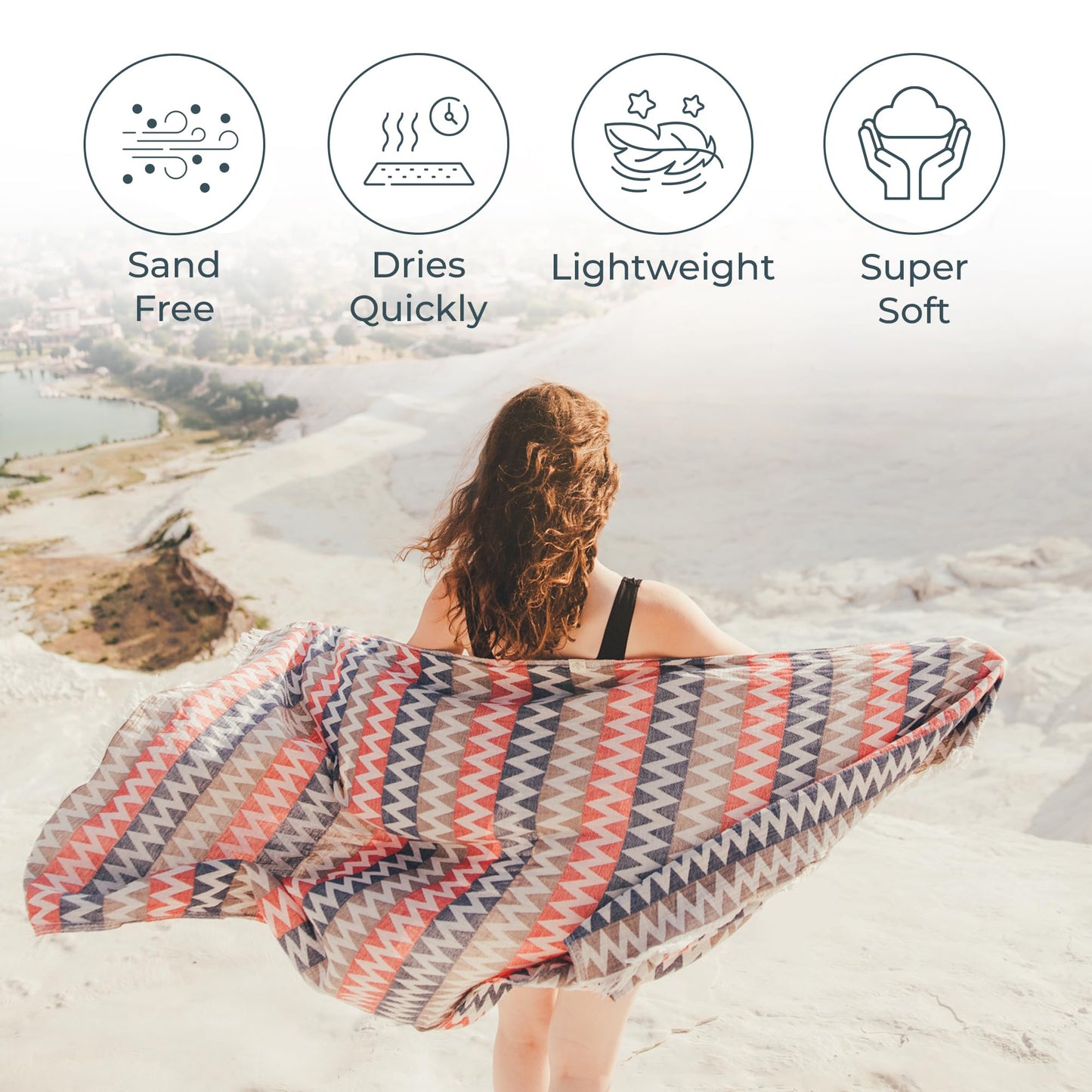 Turkish Beach Towel 35”x67” – 100% Cotton, Quick Dry, Lightweight Oversized Beach Towel for Pool & Travel – Zig Zag Navy Red Color