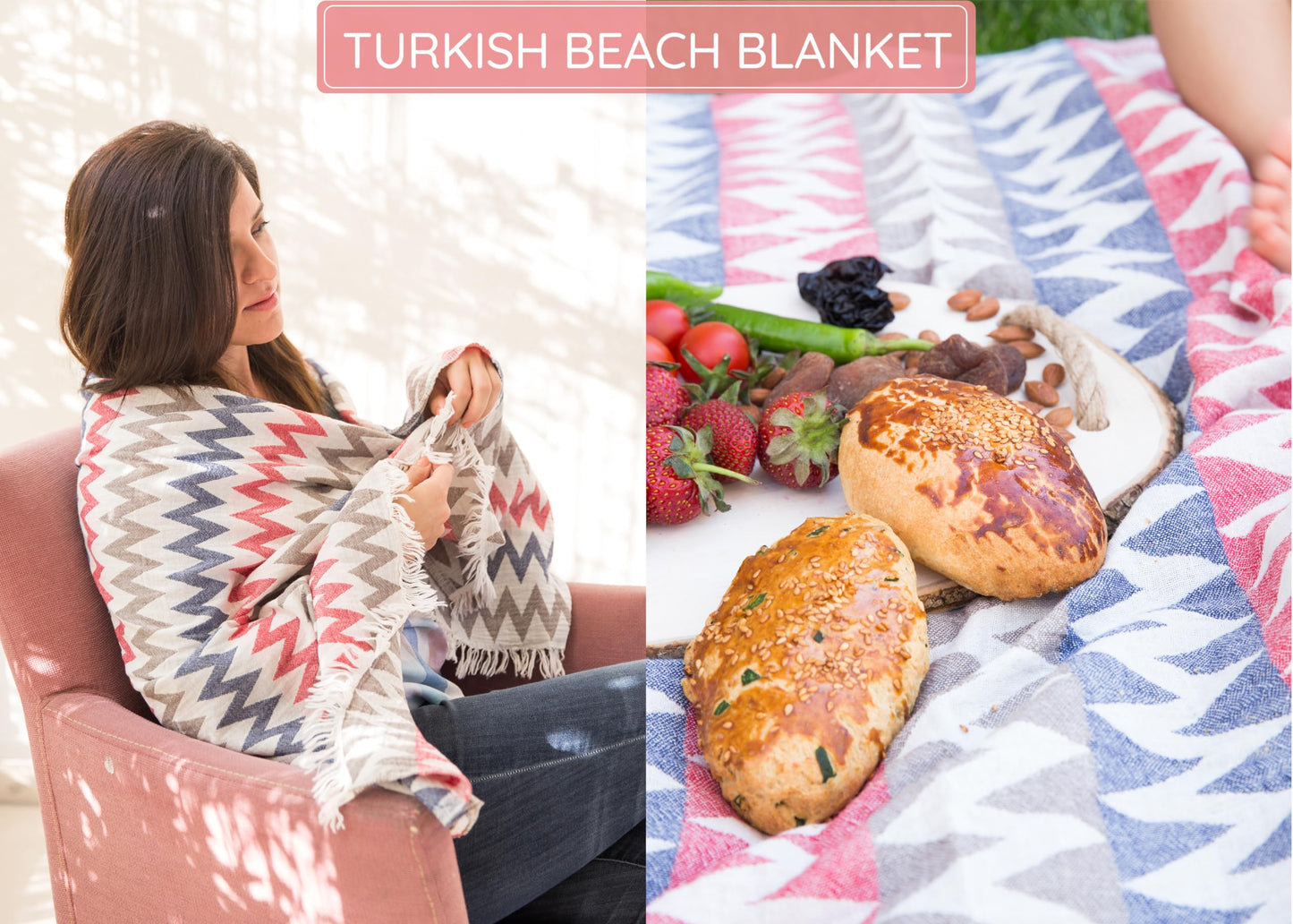 Turkish Beach Towel 35”x67” – 100% Cotton, Quick Dry, Lightweight Oversized Beach Towel for Pool & Travel – Zig Zag Navy Red Color