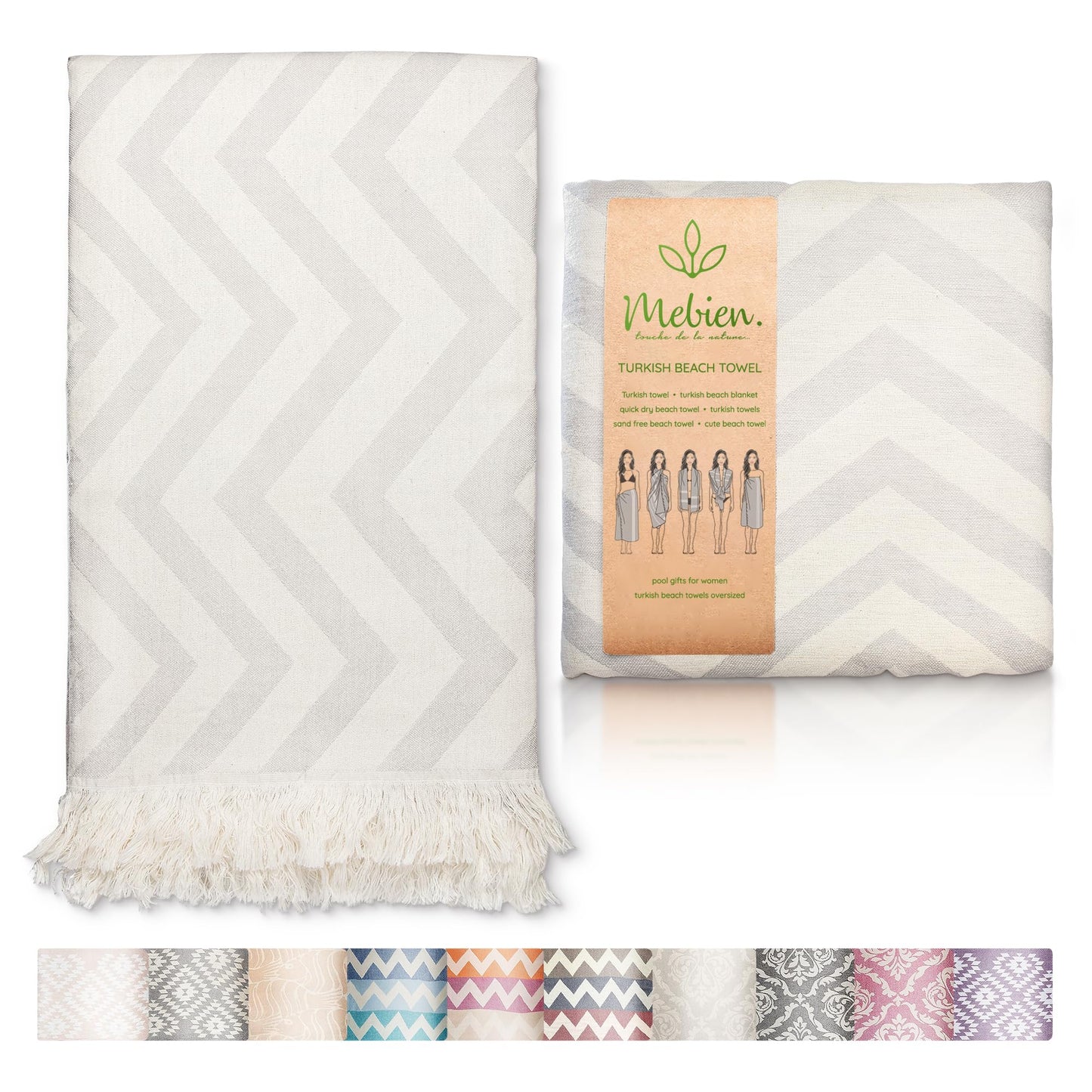 Premium Turkish Beach Towel (35”x 67”) – 100% Cotton, Lightweight, Quick Dry Towel, Sand-Free, Beach Blanket Waterproof Sandproof, Ocean Light Grey