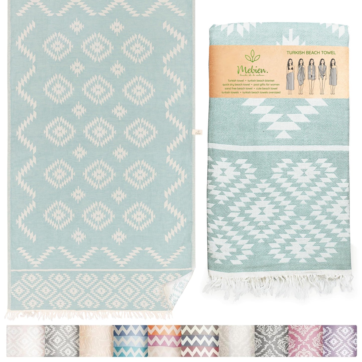 Turkish Beach Towel (35”x67”) – 100% Cotton, Quick Dry, Lightweight, Oversized Beach Towel for Pool & Travel - Pastel Teal Color