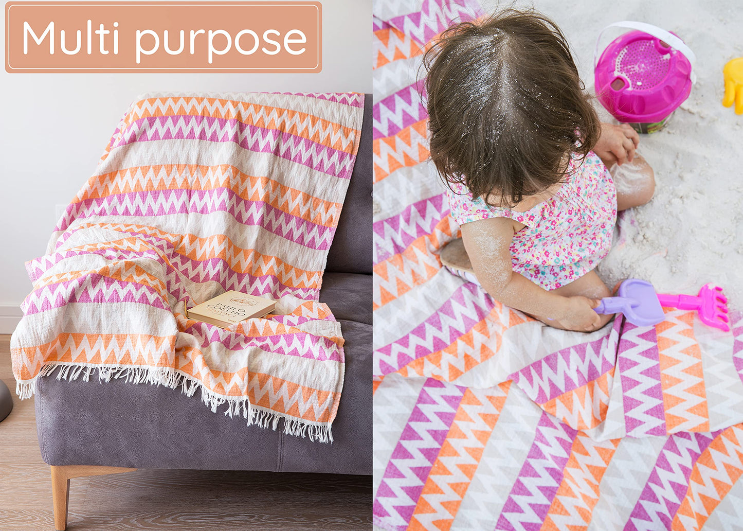 Turkish Beach Towel (35”x67”) – 100% Cotton Quick Dry, Lightweight Oversized Beach Towel for Pool & Travel – Zig Zag Orange Color