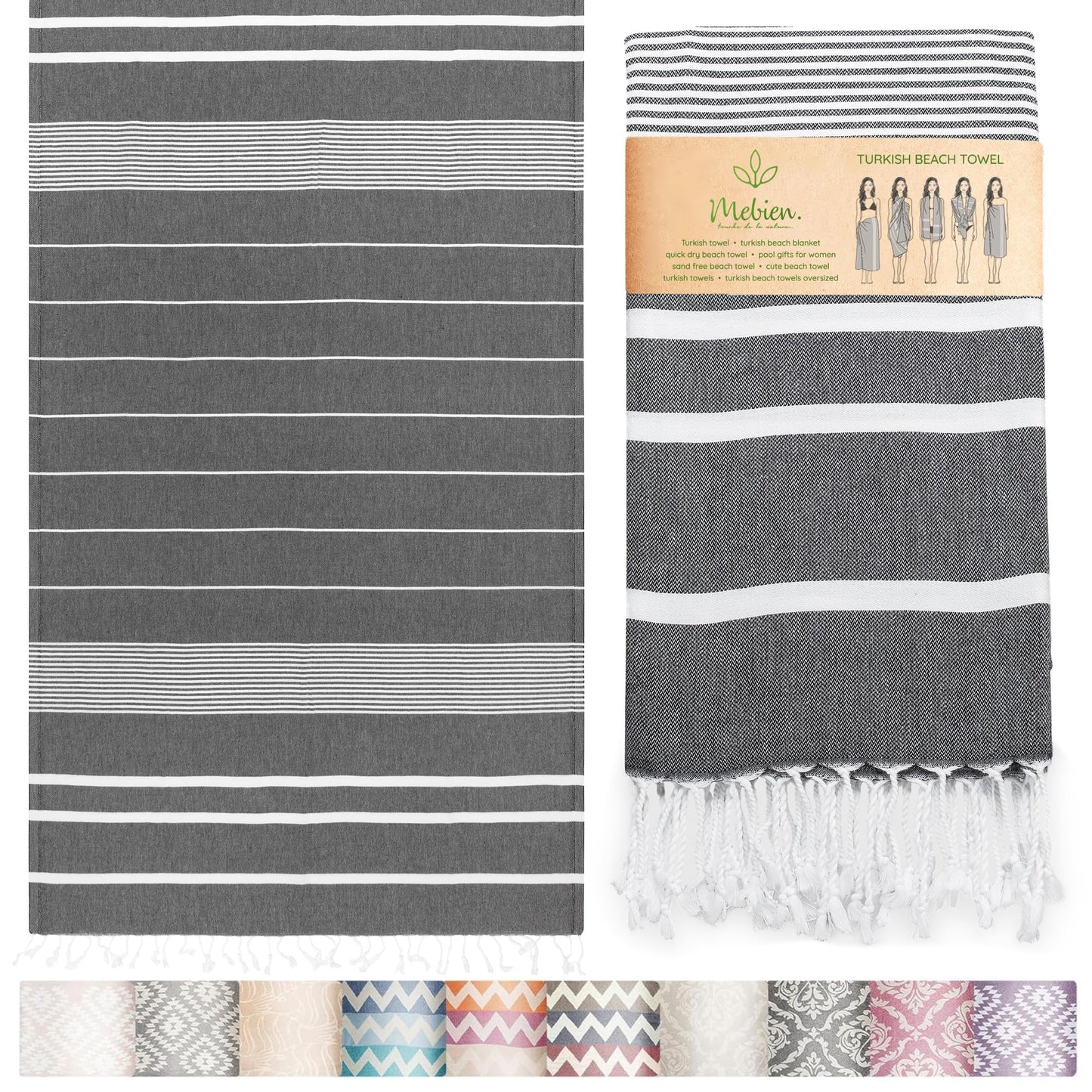 Premium Turkish Beach Towel – 100% Cotton, Quick Dry, Sand Free, Oversized Quick Dry Towel 35”x 67” – Ideal for Travel, Pool, and Beach Blanket – Black Color