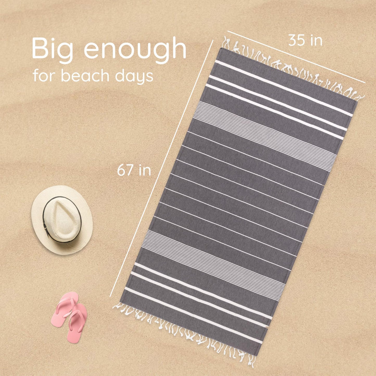 Premium Turkish Beach Towel – 100% Cotton, Quick Dry, Sand Free, Oversized Quick Dry Towel 35”x 67” – Ideal for Travel, Pool, and Beach Blanket – Black Color