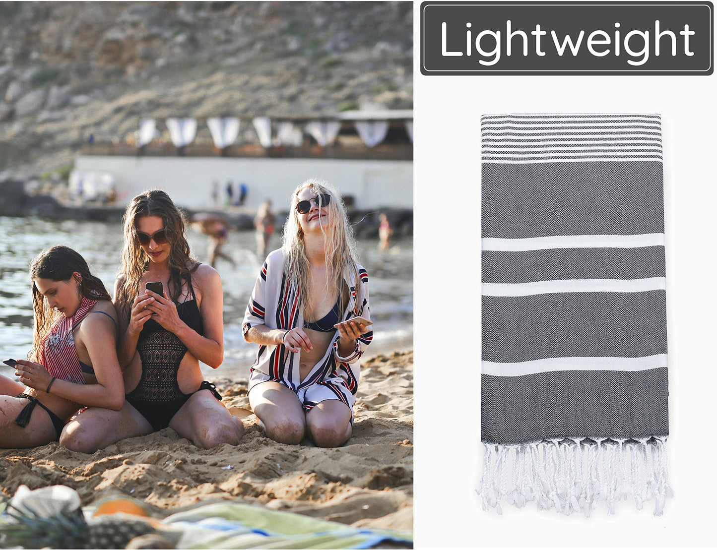 Premium Turkish Beach Towel – 100% Cotton, Quick Dry, Sand Free, Oversized Quick Dry Towel 35”x 67” – Ideal for Travel, Pool, and Beach Blanket – Black Color
