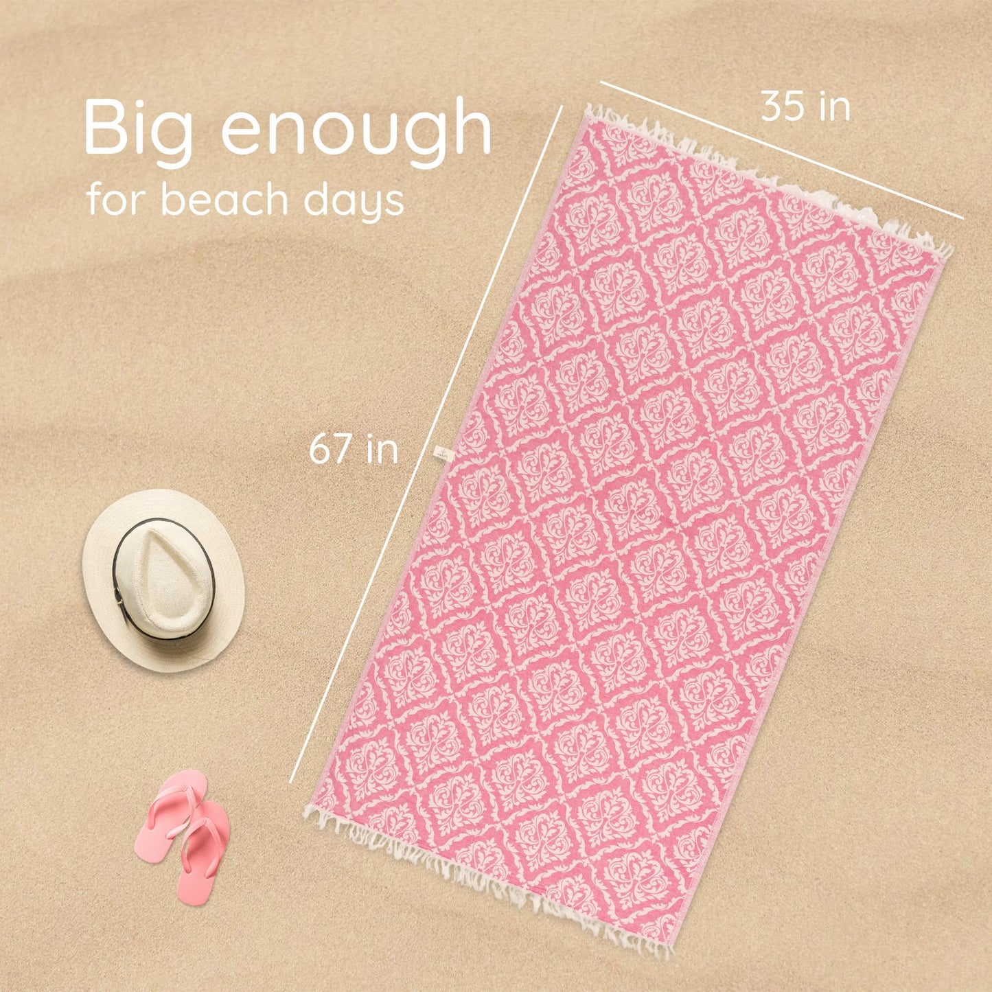 Turkish Beach Towel (35”x67”) – 100% Cotton, Quick Dry, Lightweight, Soft Oversized Beach Towel for Travel & Pool – Renaissance Fuchsia Color