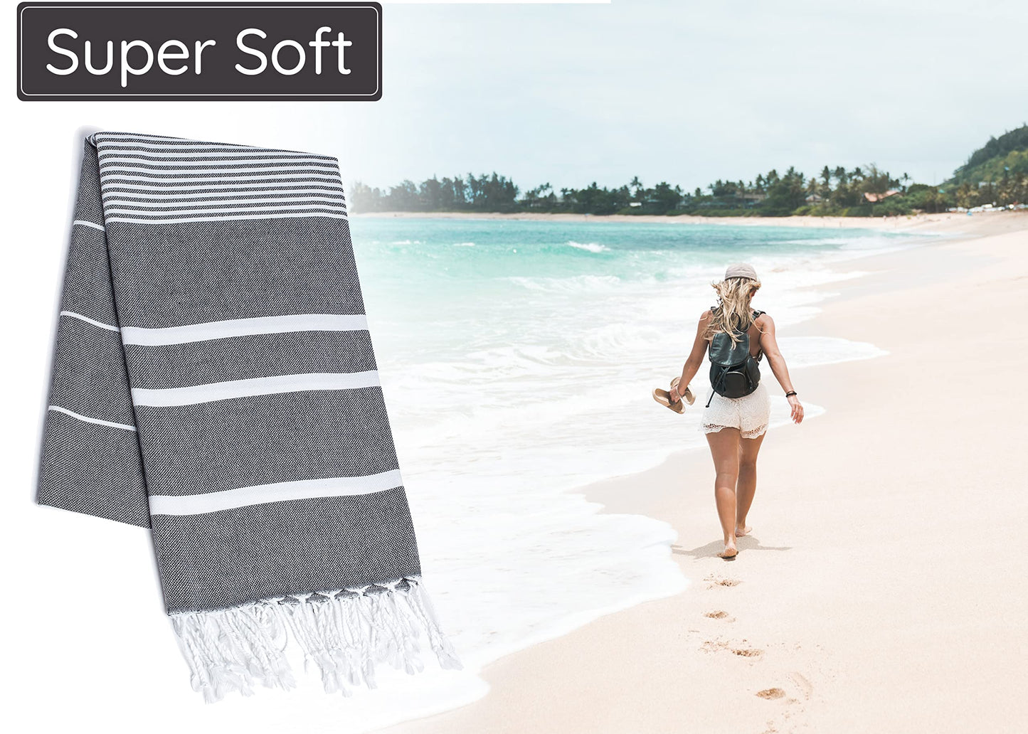 Premium Turkish Beach Towel – 100% Cotton, Quick Dry, Sand Free, Oversized Quick Dry Towel 35”x 67” – Ideal for Travel, Pool, and Beach Blanket – Black Color