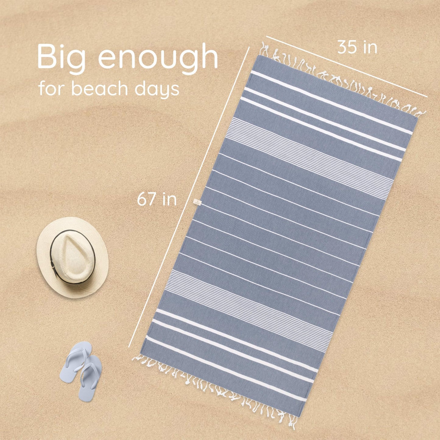 Premium Turkish Beach Towel – 100% Cotton, Sand Free, Oversized, Quick Dry Beach Towel 35”x67” – Ideal for Travel, Pool – Navy