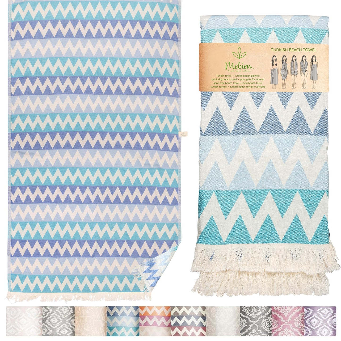 Premium Turkish Beach Towel – 100% Cotton, Quick Dry, Sand Free, Oversized Beach Towel 35”x 67” – Ideal for Travel, Pool, and Beach,  – Zig Zag Blue