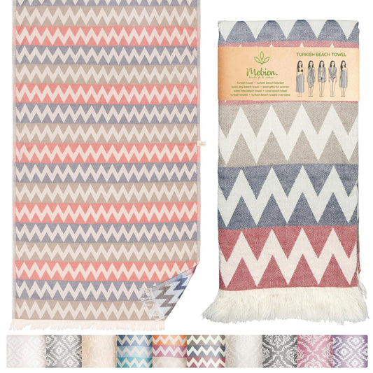 Turkish Beach Towel 35”x67” – 100% Cotton, Quick Dry, Lightweight Oversized Beach Towel for Pool & Travel – Zig Zag Navy Red Color