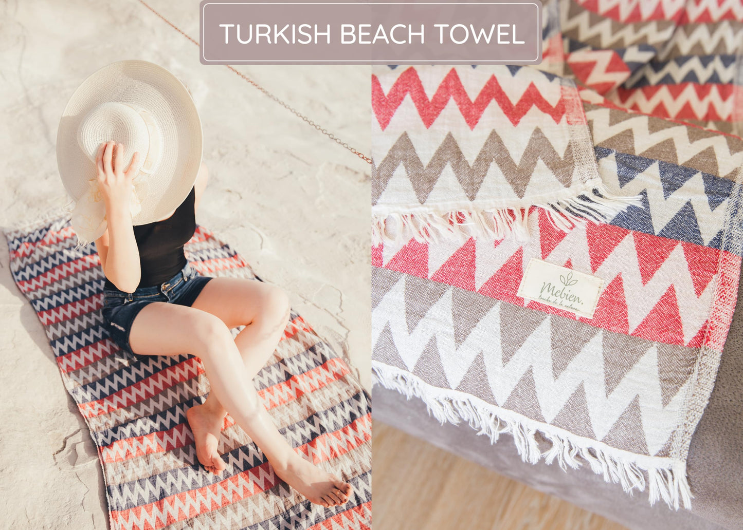 Turkish Beach Towel 35”x67” – 100% Cotton, Quick Dry, Lightweight Oversized Beach Towel for Pool & Travel – Zig Zag Navy Red Color