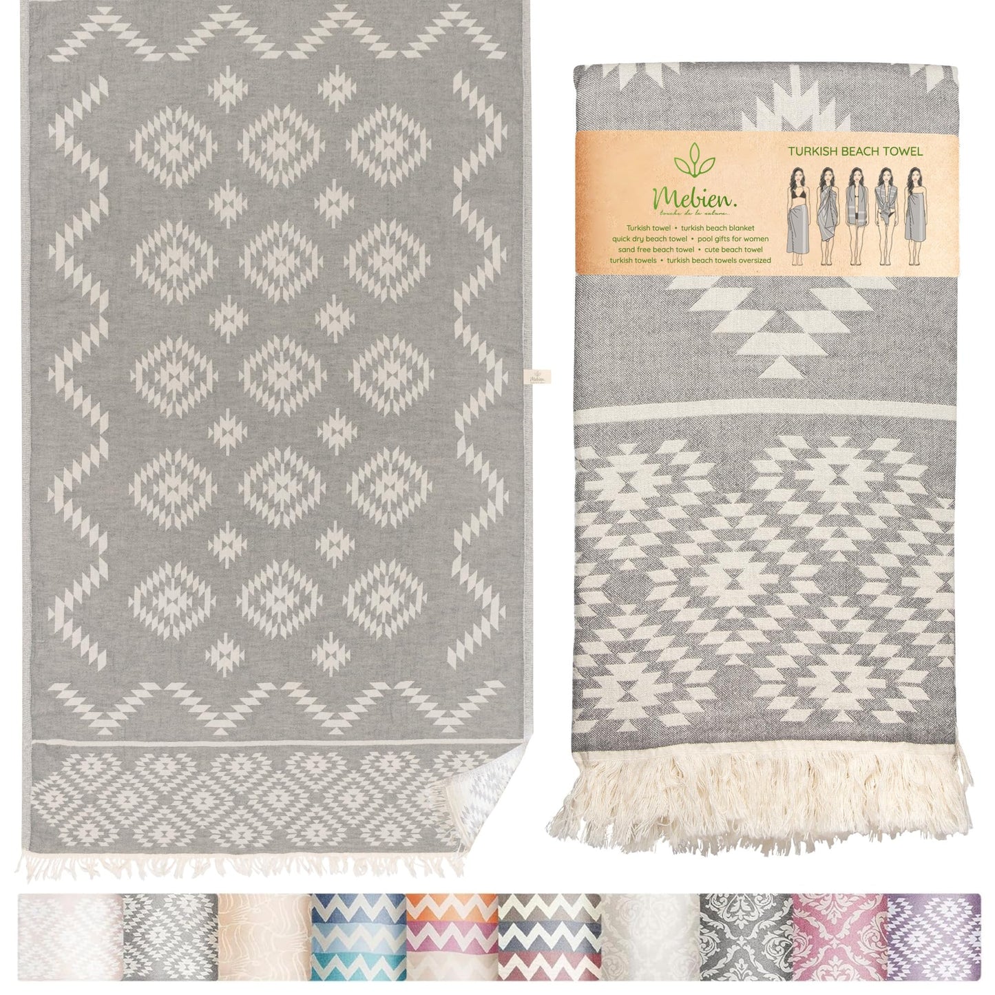 Premium Turkish Beach Towel – 35"x67" Lightweight Quick Dry Towel – 100% Cotton Sand-Free Turkish Towels – Vintage Dark Grey