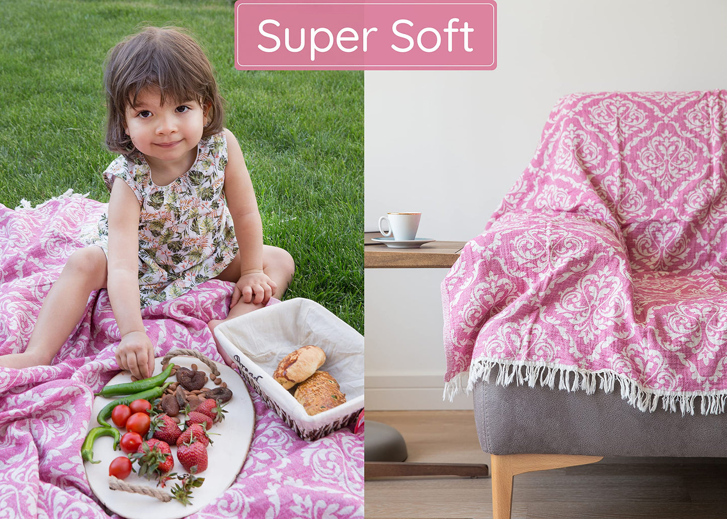 Turkish Beach Towel (35”x67”) – 100% Cotton, Quick Dry, Lightweight, Soft Oversized Beach Towel for Travel & Pool – Renaissance Fuchsia Color