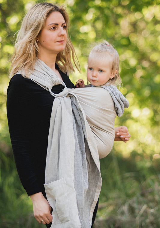 Beige Grey Baby Sling and Ring Sling 100% Cotton Muslin baby Carrier Suitable from Newborn to Toddler