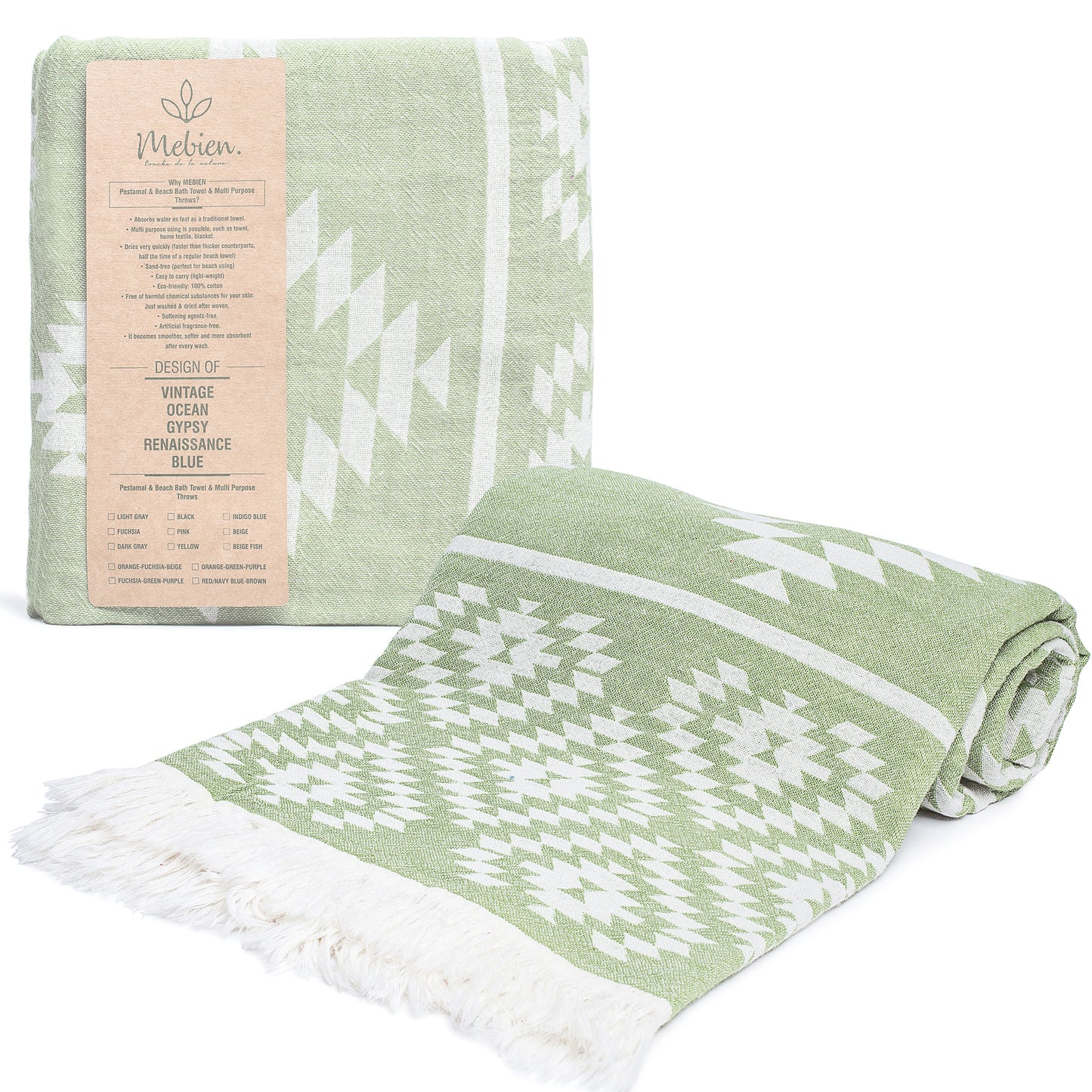 Soft Green Turkish Beach Towel (35”x67”)  Lightweight, Quick drying and Sand Free Can be Used as Beach Blanket 100% Cotton Vintage Design