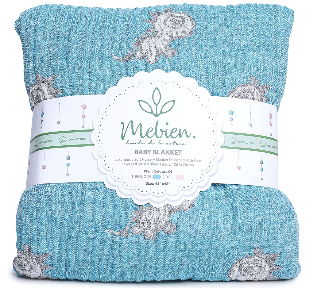 MEBIEN. TOUCHE DE LA NATURE… Muslin Swaddle Blanket for Boy 4 Layer Extra Thick Baby Boy Blanket Superfine Baby Swaddle Blanket 43”x43” Turquoise and Grey Dinosaur Blanket for Boys