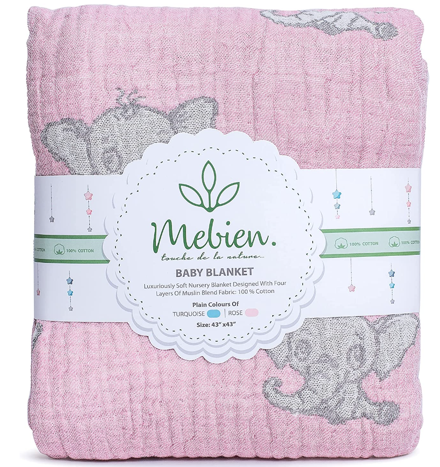MEBIEN. TOUCHE DE LA NATURE… Baby Girl Blanket 4 Layer Thick Baby Girl Swaddle Superfine Muslin Swaddle Blankets Girl 43”x43” Pink and Grey Elephant Baby Swaddle Blanket Girl