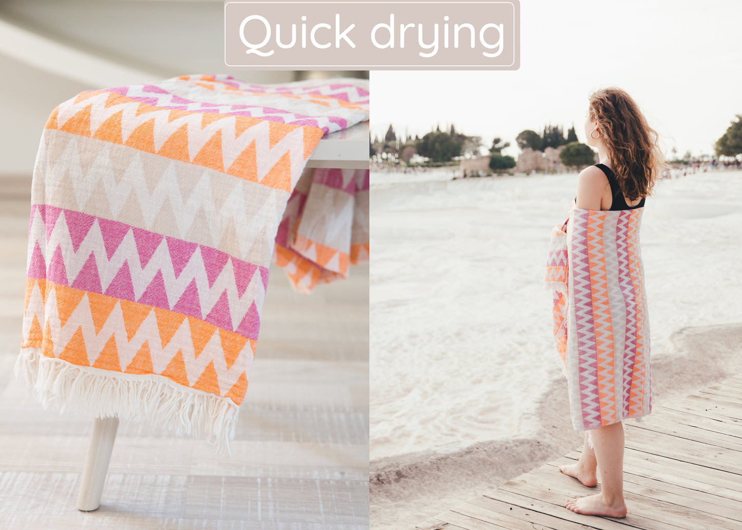 Grey Orange Red Turkish Beach Towel (35”x67”)  Lightweight, Quick drying and Sand Free Can be Used as Beach Blanket 100% Cotton ZigZag Design